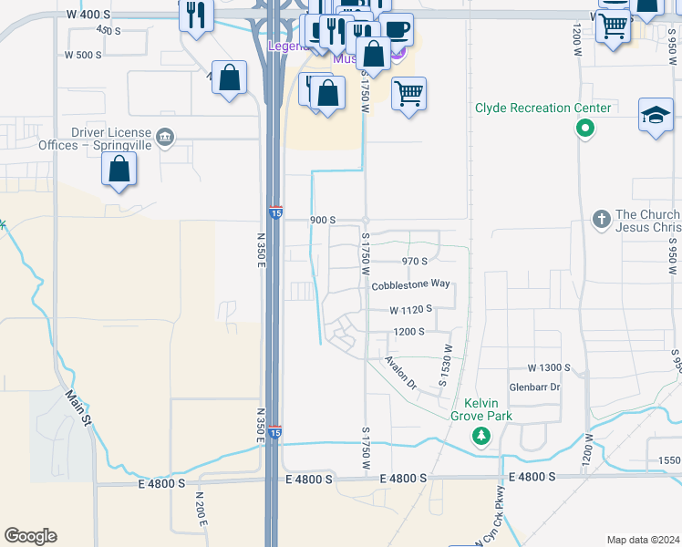map of restaurants, bars, coffee shops, grocery stores, and more near 1825 West 1000 South in Springville