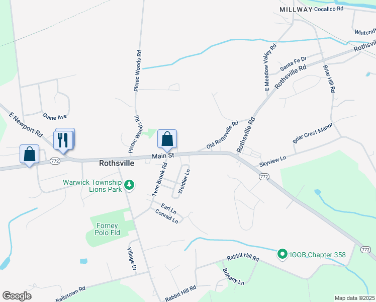 map of restaurants, bars, coffee shops, grocery stores, and more near 2117 Main Street in Lititz