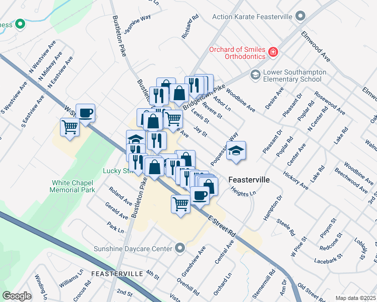 map of restaurants, bars, coffee shops, grocery stores, and more near 30 Heights Lane in Feasterville-Trevose