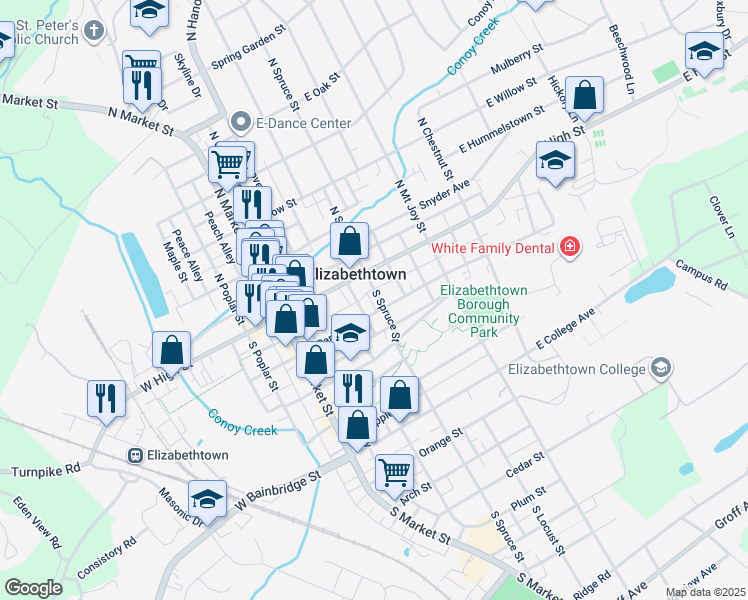 map of restaurants, bars, coffee shops, grocery stores, and more near 155 East Park Street in Elizabethtown