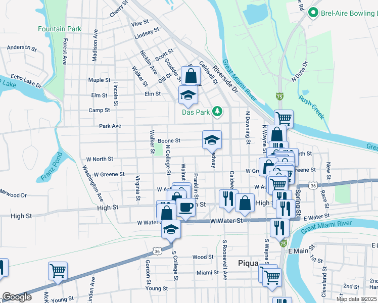 map of restaurants, bars, coffee shops, grocery stores, and more near 606 West North Street in Piqua