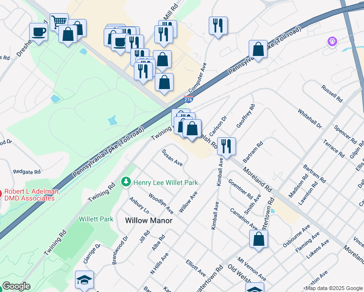 map of restaurants, bars, coffee shops, grocery stores, and more near 143 Maple Avenue in Willow Grove