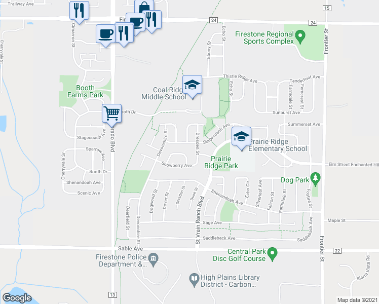 map of restaurants, bars, coffee shops, grocery stores, and more near 6353 Sparrow Circle in Longmont