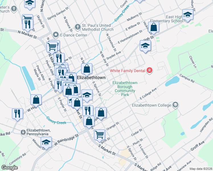map of restaurants, bars, coffee shops, grocery stores, and more near 290 East Park Street in Elizabethtown