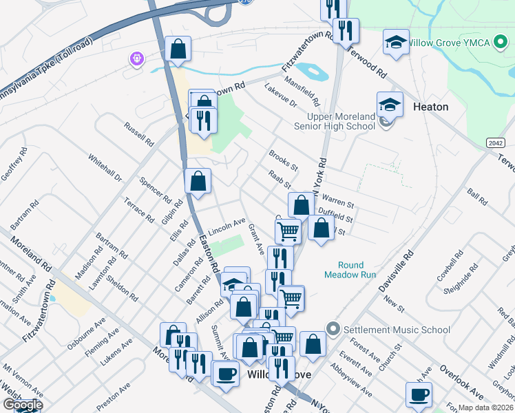 map of restaurants, bars, coffee shops, grocery stores, and more near 600 Crown Street in Willow Grove