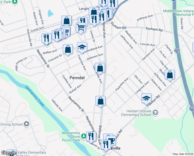 map of restaurants, bars, coffee shops, grocery stores, and more near 572 Hulmeville Avenue in Penndel