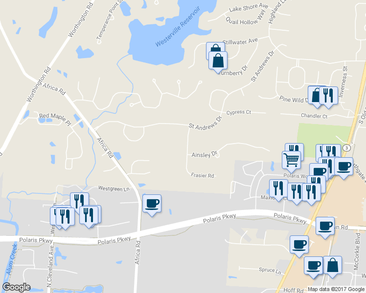 map of restaurants, bars, coffee shops, grocery stores, and more near 7394 Frasier Road in Westerville