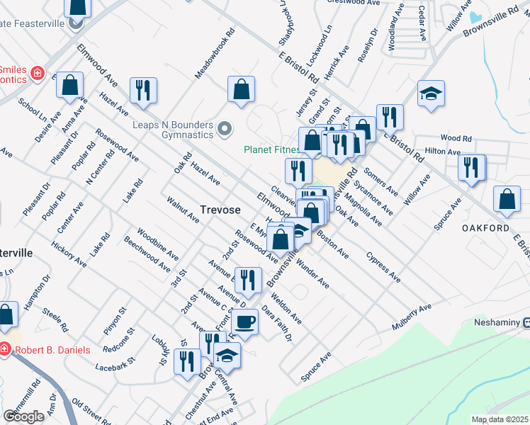 map of restaurants, bars, coffee shops, grocery stores, and more near 604 Hazel Avenue in Trevose