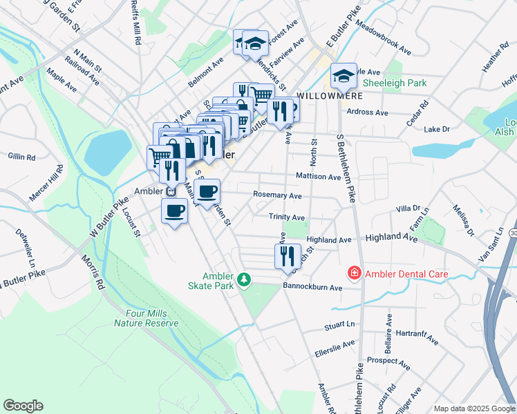 map of restaurants, bars, coffee shops, grocery stores, and more near 83 Lemon Street in Ambler