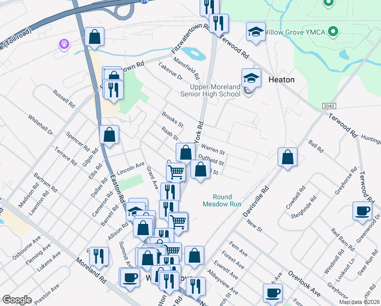 map of restaurants, bars, coffee shops, grocery stores, and more near 712 York Road in Willow Grove