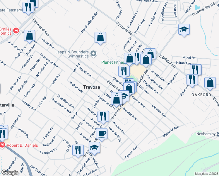 map of restaurants, bars, coffee shops, grocery stores, and more near 604 Hazel Avenue in Trevose