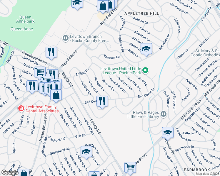 map of restaurants, bars, coffee shops, grocery stores, and more near 43 Russett Lane in Levittown