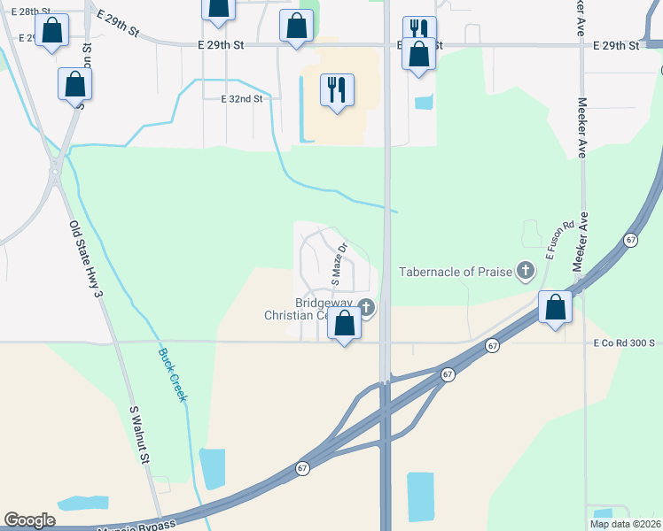 map of restaurants, bars, coffee shops, grocery stores, and more near 1500 East Fuson Road in Muncie
