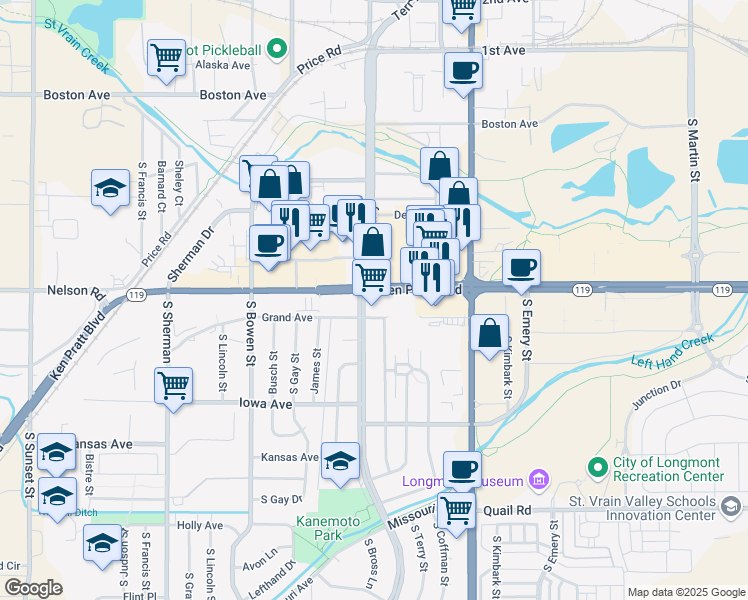 map of restaurants, bars, coffee shops, grocery stores, and more near 841 Ken Pratt Boulevard in Longmont