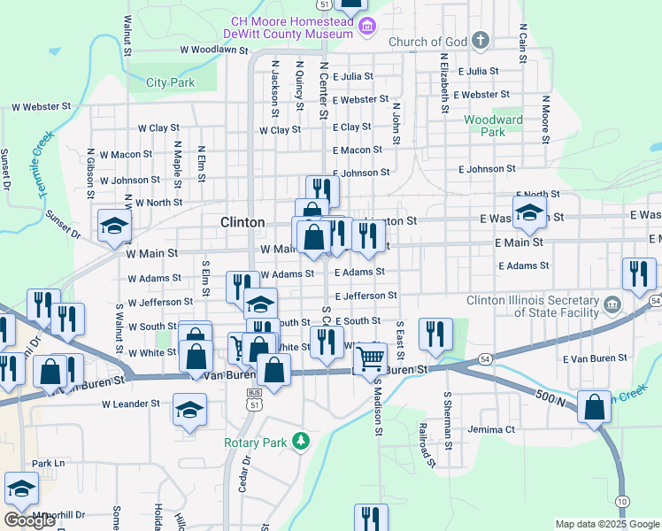 map of restaurants, bars, coffee shops, grocery stores, and more near 123 South Center Street in Clinton