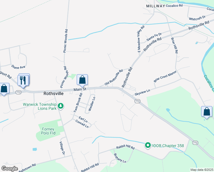 map of restaurants, bars, coffee shops, grocery stores, and more near 2133 Main Street in Lititz