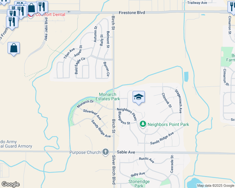 map of restaurants, bars, coffee shops, grocery stores, and more near 10413 Bluegrass Street in Longmont