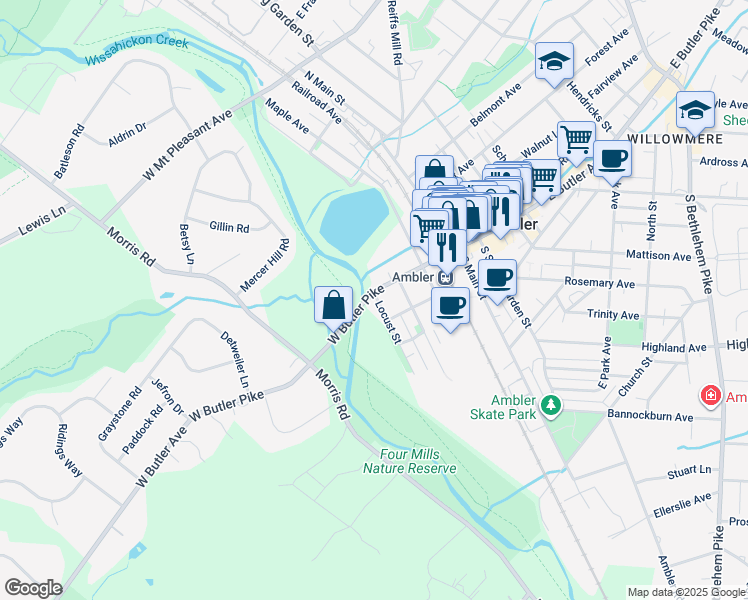 map of restaurants, bars, coffee shops, grocery stores, and more near 300 West Butler Pike in Ambler