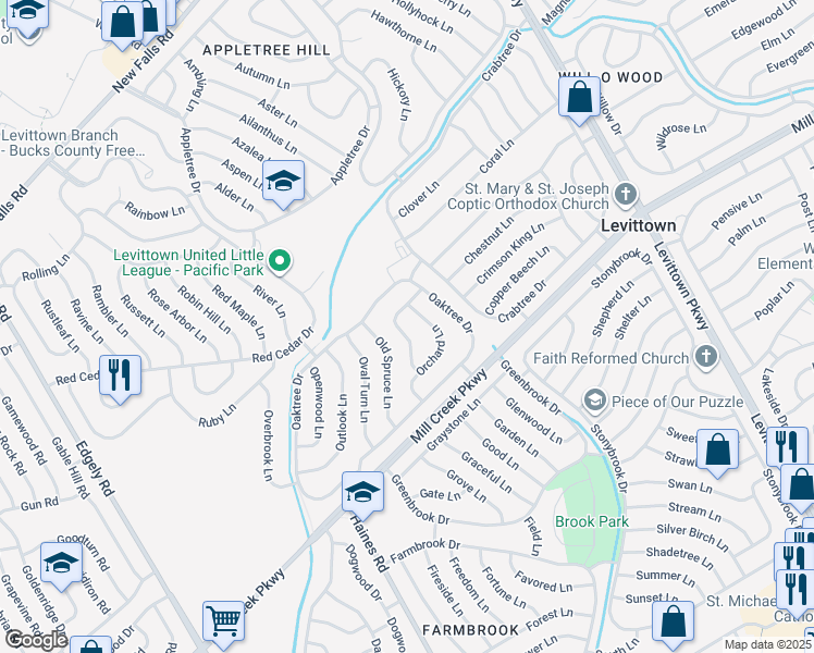 map of restaurants, bars, coffee shops, grocery stores, and more near 24 Orchid Lane in Levittown
