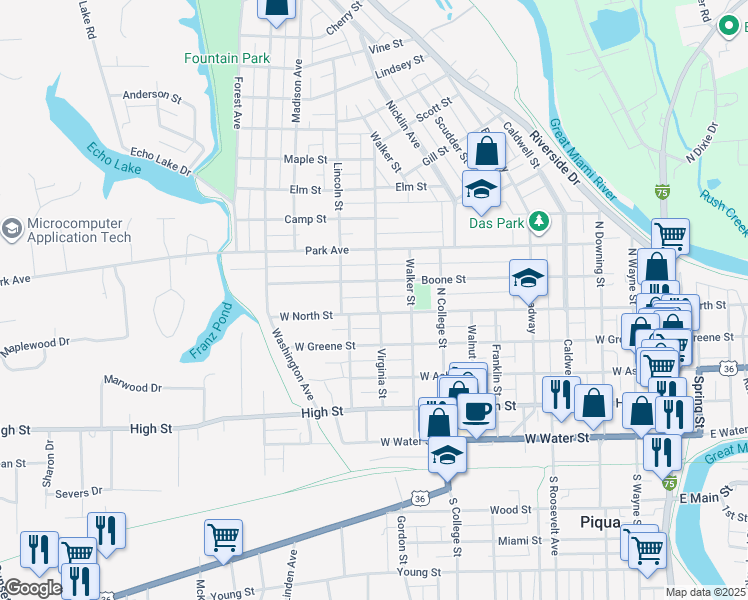 map of restaurants, bars, coffee shops, grocery stores, and more near 606 Virginia Street in Piqua