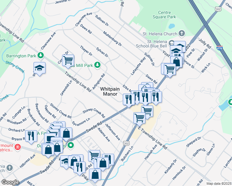 map of restaurants, bars, coffee shops, grocery stores, and more near 1534 Vernon Rd in Blue Bell