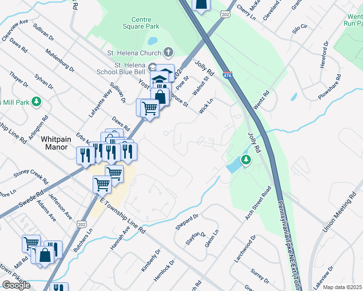 map of restaurants, bars, coffee shops, grocery stores, and more near 1000 Wick Lane in Blue Bell