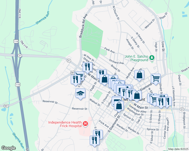 map of restaurants, bars, coffee shops, grocery stores, and more near 820 West Main Street in Mount Pleasant