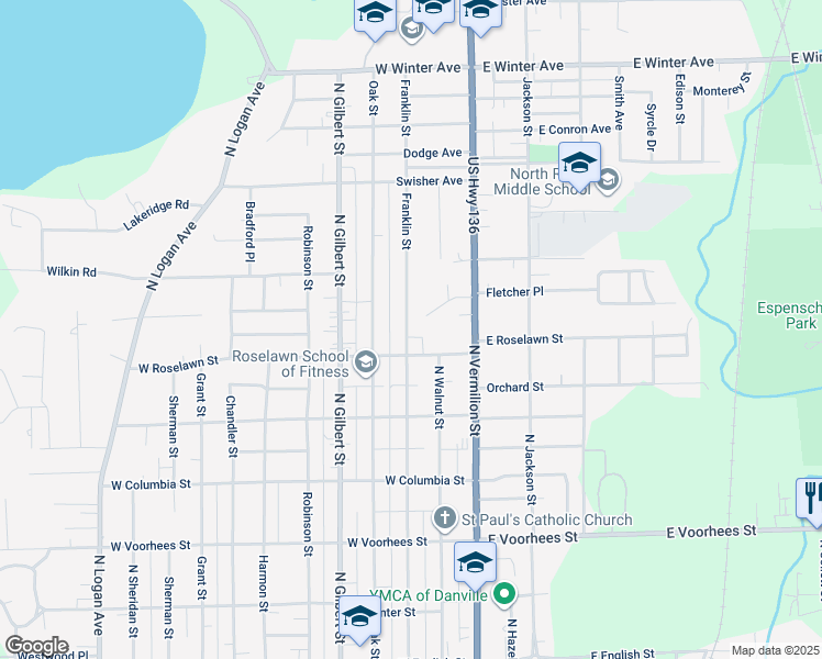 map of restaurants, bars, coffee shops, grocery stores, and more near 1611 North Franklin Street in Danville