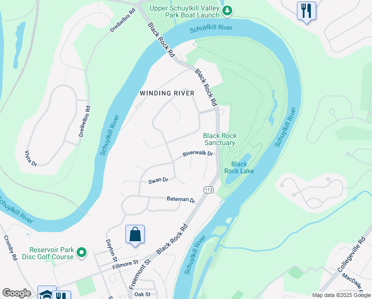 map of restaurants, bars, coffee shops, grocery stores, and more near 1008 Riverwalk Drive in Phoenixville