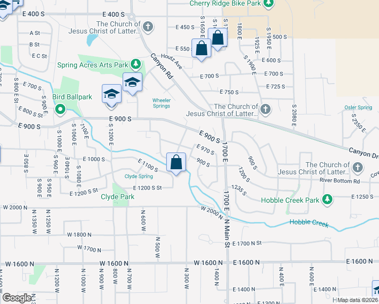 map of restaurants, bars, coffee shops, grocery stores, and more near 1078 1540 East in Springville