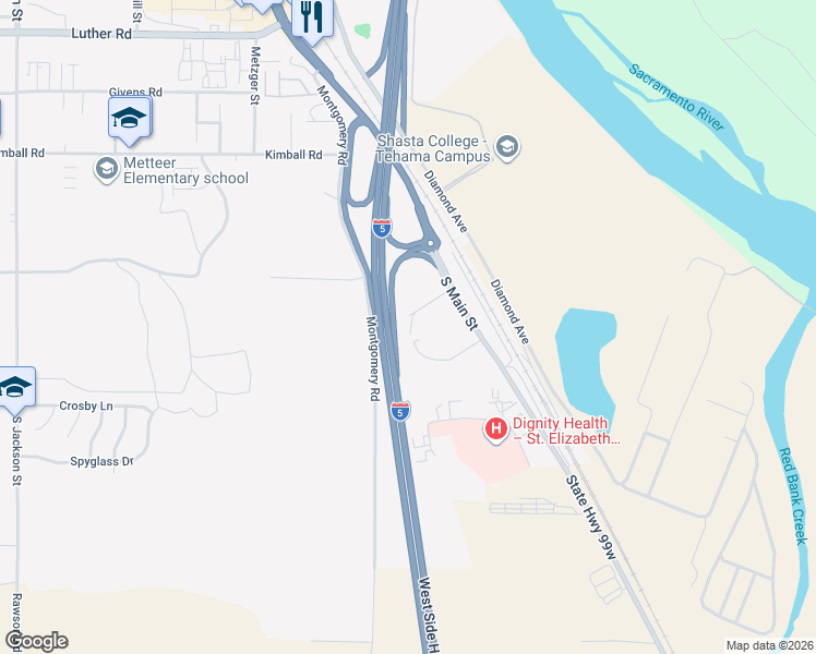 map of restaurants, bars, coffee shops, grocery stores, and more near West Side Hwy in Red Bluff