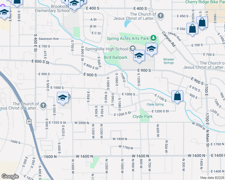 map of restaurants, bars, coffee shops, grocery stores, and more near 1019 East 1000 South in Springville
