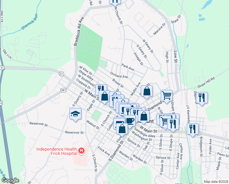 map of restaurants, bars, coffee shops, grocery stores, and more near 140 North Church Street in Mount Pleasant