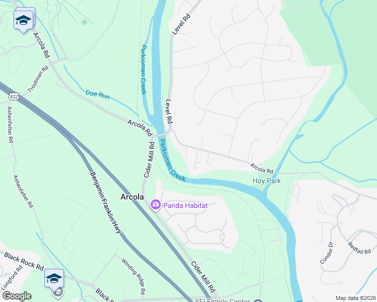 map of restaurants, bars, coffee shops, grocery stores, and more near 3596 Arcola Road in Collegeville