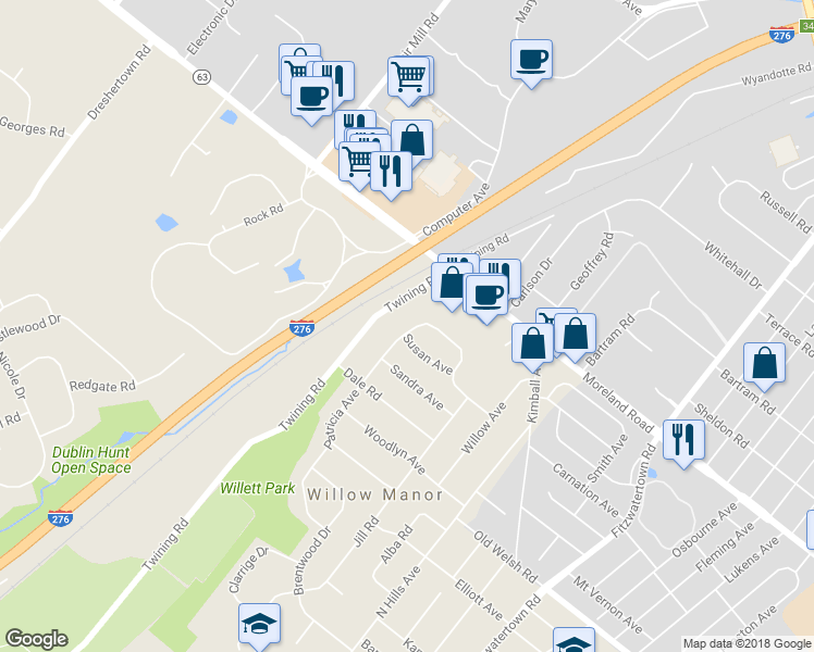 map of restaurants, bars, coffee shops, grocery stores, and more near 1836 Patricia Avenue in Willow Grove