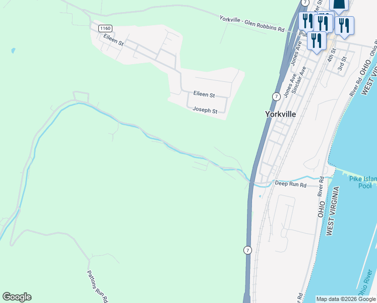 map of restaurants, bars, coffee shops, grocery stores, and more near 58575 Deep Run Road in Martins Ferry