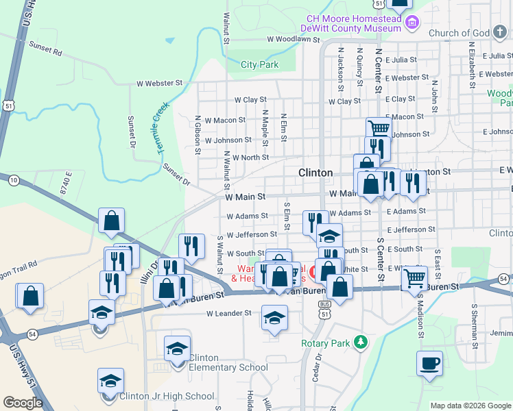 map of restaurants, bars, coffee shops, grocery stores, and more near 104 South Poplar Street in Clinton