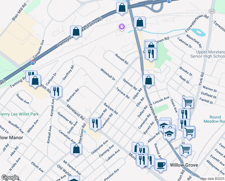 map of restaurants, bars, coffee shops, grocery stores, and more near 245 Fitzwatertown Road in Willow Grove
