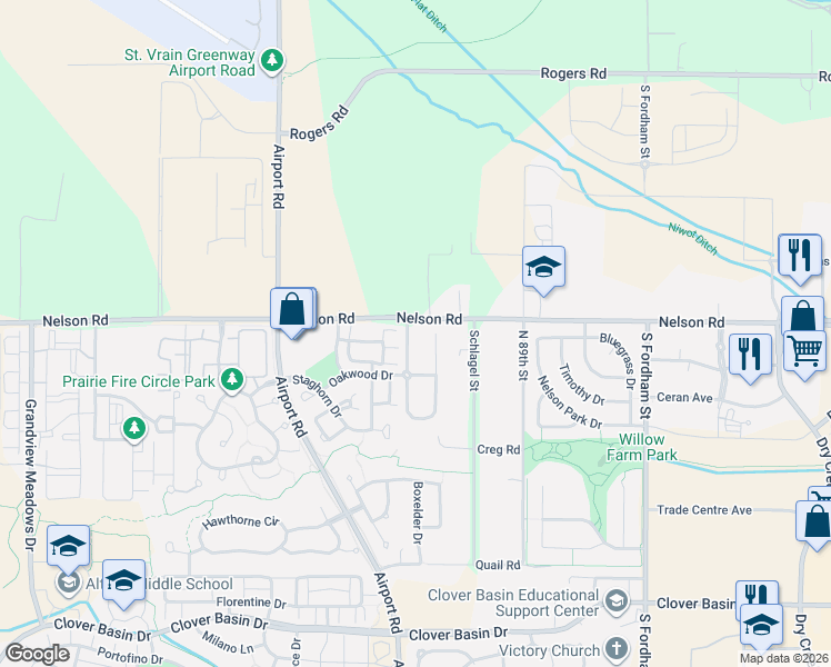 map of restaurants, bars, coffee shops, grocery stores, and more near 620 Stonebridge Drive in Longmont