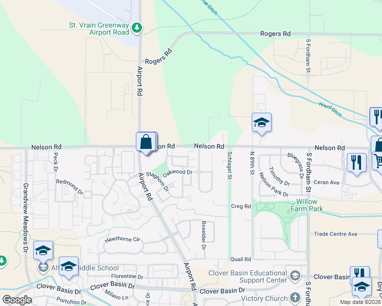 map of restaurants, bars, coffee shops, grocery stores, and more near 3650 Oakwood Drive in Longmont