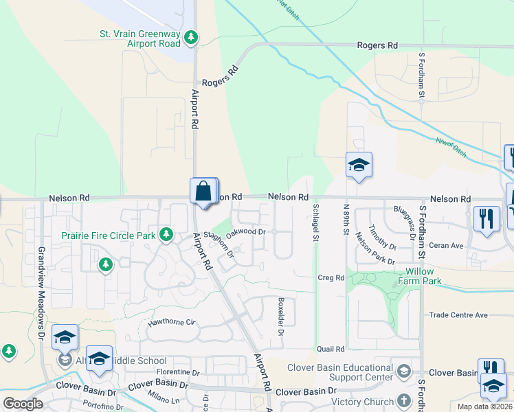 map of restaurants, bars, coffee shops, grocery stores, and more near 3650 Oakwood Drive in Longmont