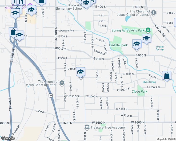 map of restaurants, bars, coffee shops, grocery stores, and more near 760 East 1000 South in Springville
