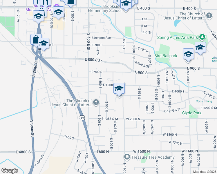 map of restaurants, bars, coffee shops, grocery stores, and more near 590 East 1000 South in Springville