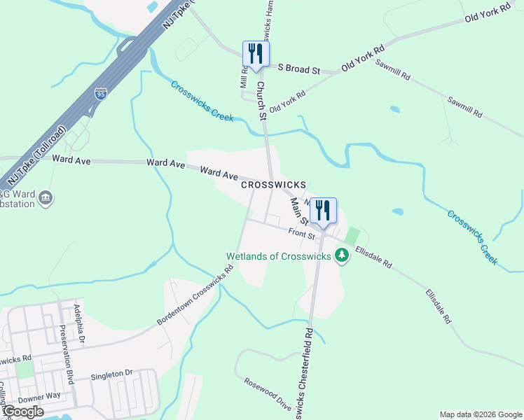 map of restaurants, bars, coffee shops, grocery stores, and more near 15 Front Street in Crosswicks