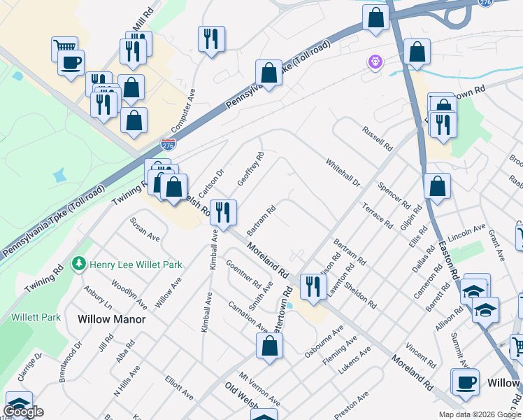 map of restaurants, bars, coffee shops, grocery stores, and more near 3525 Bartram Road in Willow Grove