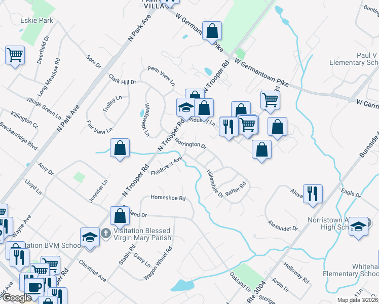map of restaurants, bars, coffee shops, grocery stores, and more near 4 Greentree Lane in Norristown