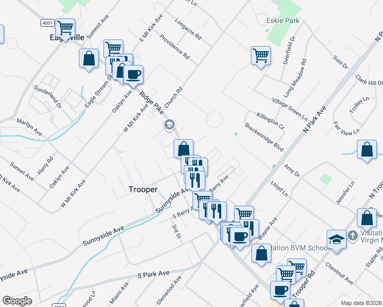 map of restaurants, bars, coffee shops, grocery stores, and more near 10 North Hillside Circle in Eagleville