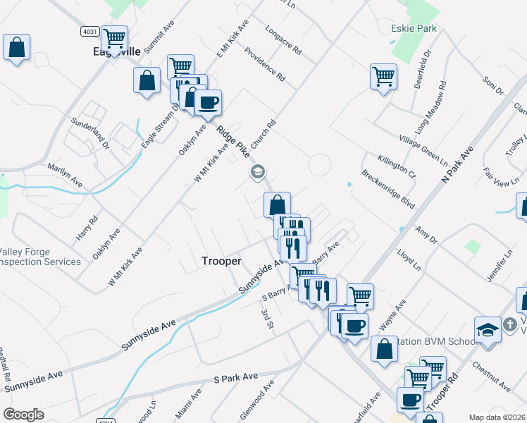 map of restaurants, bars, coffee shops, grocery stores, and more near 6 Elm Avenue in Eagleville