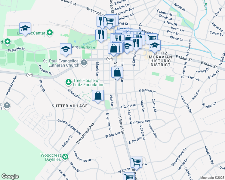 map of restaurants, bars, coffee shops, grocery stores, and more near 240 Pine Lane in Lititz