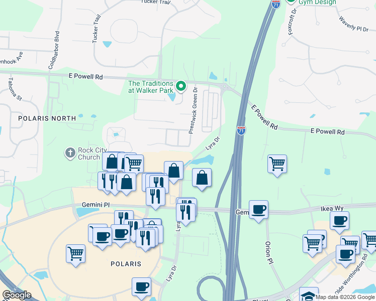 map of restaurants, bars, coffee shops, grocery stores, and more near 1635 England Drive in Columbus